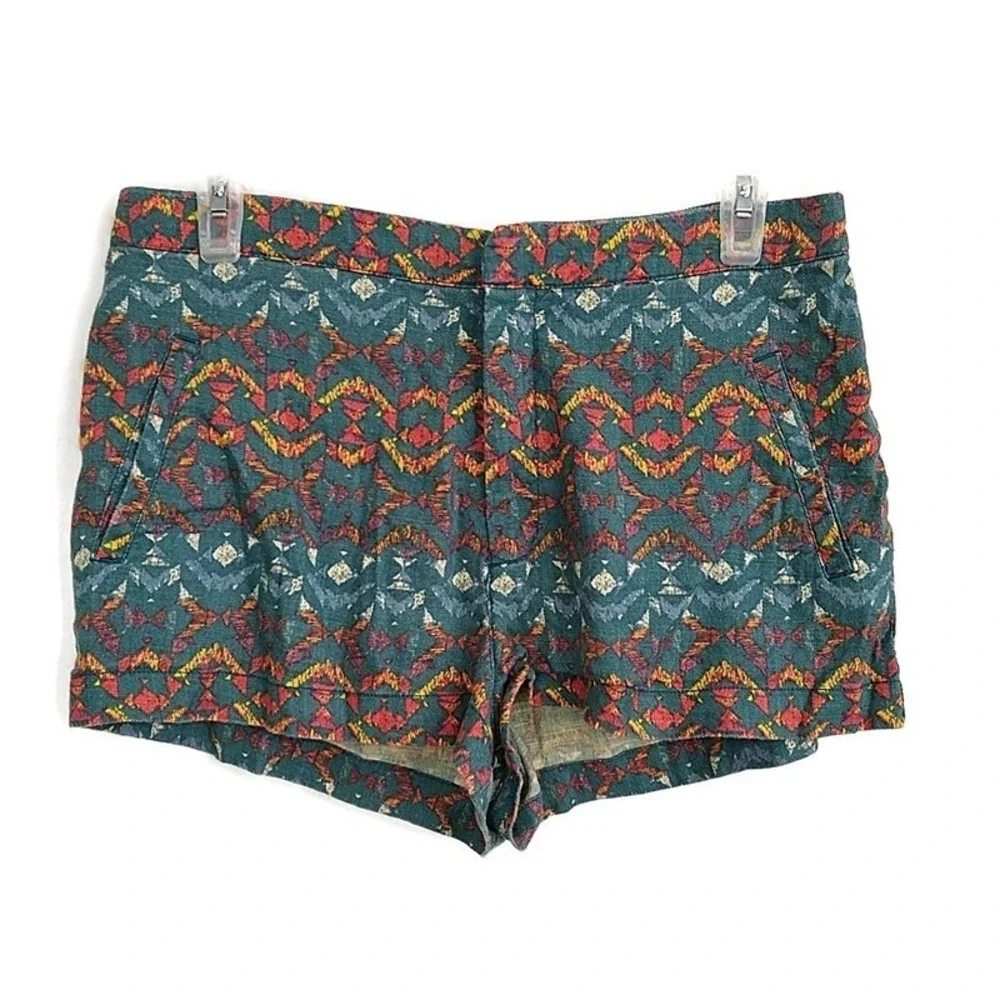 Free People Shorts Women 4 Teal Orange Geometric Ikat Linen Blend High Rise 1in